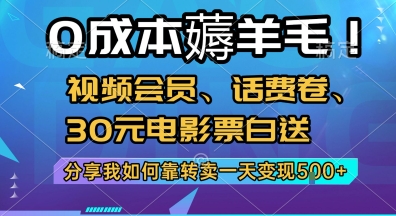 0成本薅羊毛!视频会员、话费卷、30元电影票白送，分享我如何靠转卖一天变现5张+【揭秘】-藏宝阁