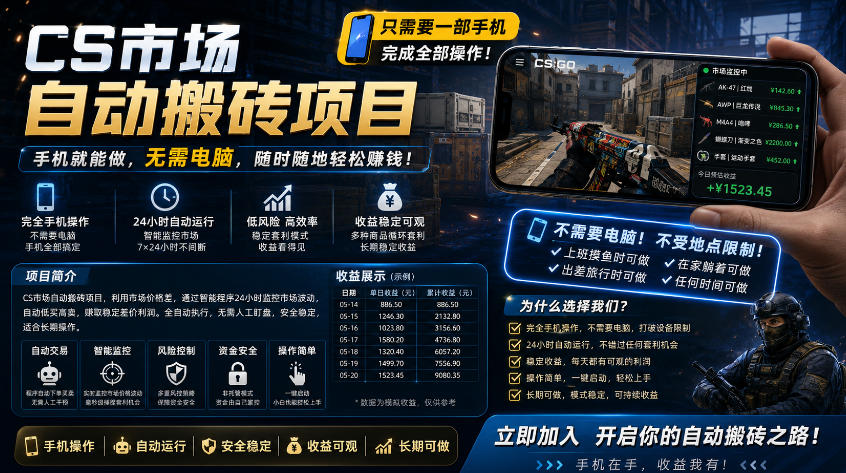 手机即可操作的CS市场自动搬砖系统｜自动监控｜自动下单|日入300+【揭秘】-藏宝阁