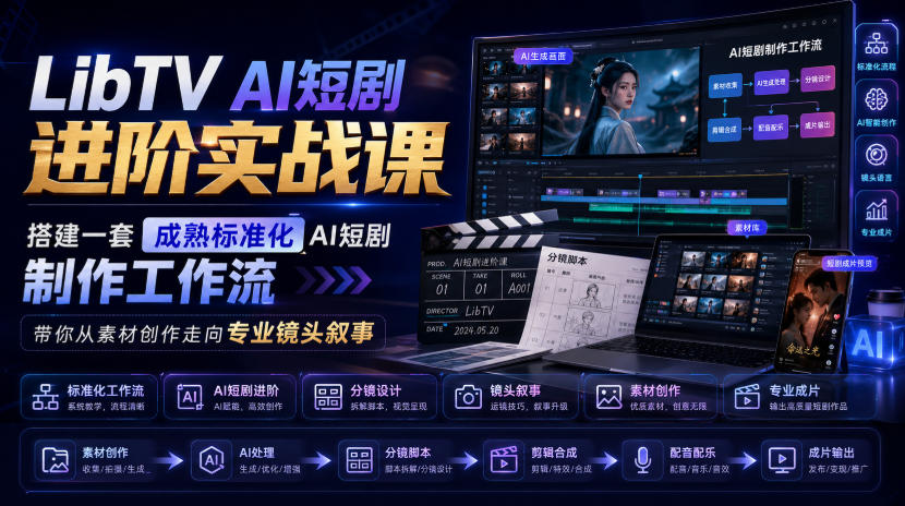 LibTV AI短剧进阶实战课，搭建一套成熟标准化AI短剧制作工作流，带你从素材创作走向专业镜头叙事(更新)-藏宝阁