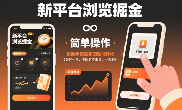 新平台浏览掘金，动动手指截张图就能挣米，2分钟一单，不限时不限量，一天5张【揭秘】-藏宝阁