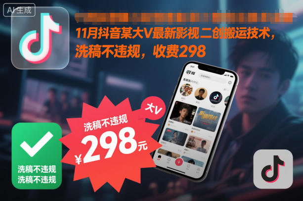 11月抖音某大V最新影视二创搬运技术，洗稿不违规，收费298-藏宝阁
