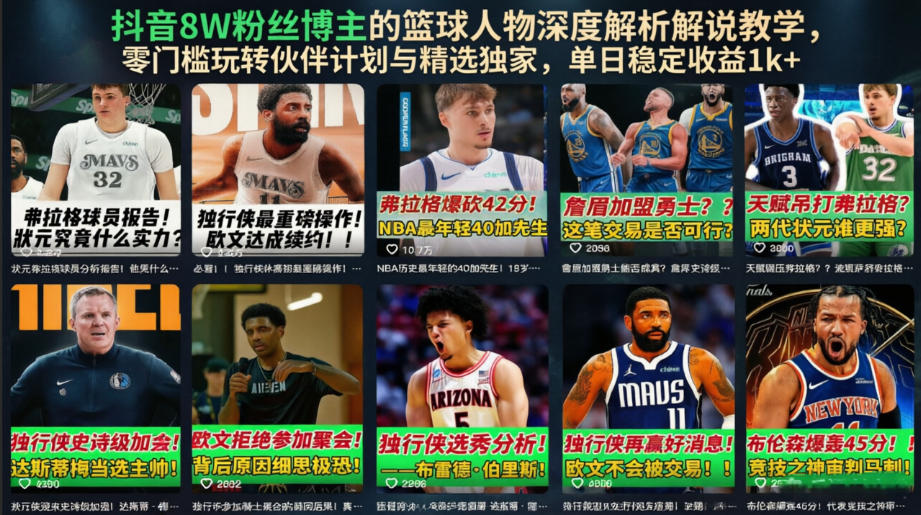 抖音8W粉丝博主的篮球人物深度解析解说教学，零门槛玩转伙伴计划与精选独家，单日稳定收益1k+-藏宝阁