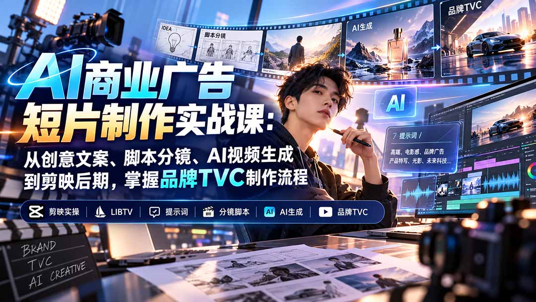 AI商业广告短片制作实战课：从创意文案、脚本分镜、AI视频生成到剪映后期，掌握品牌TVC制作流程-藏宝阁