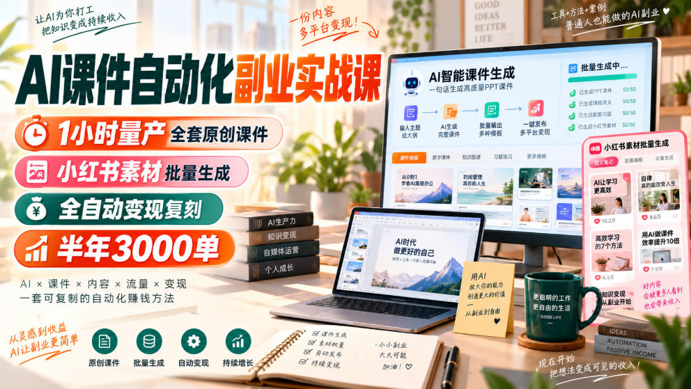 AI课件自动化副业实战课，1小时量产全套原创课件，小红书素材批量生成，全自动变现复刻，半年3000单-藏宝阁