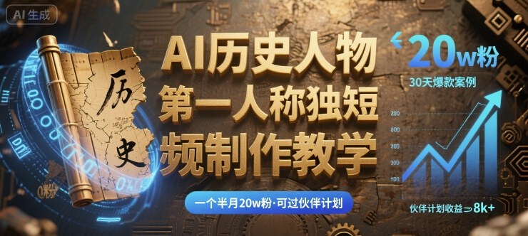 最新AI历史人物第一人称独白短视频制作教学，一个半月20w粉，可过伙伴计划-藏宝阁