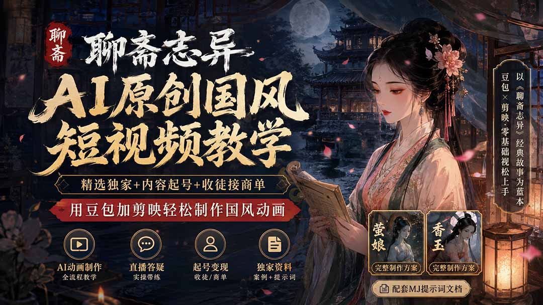 聊斋志异AI原创国风短视频教学-更新；精选独家+内容起号+收徒接商单，用豆包加剪映轻松制作国风动画-藏宝阁