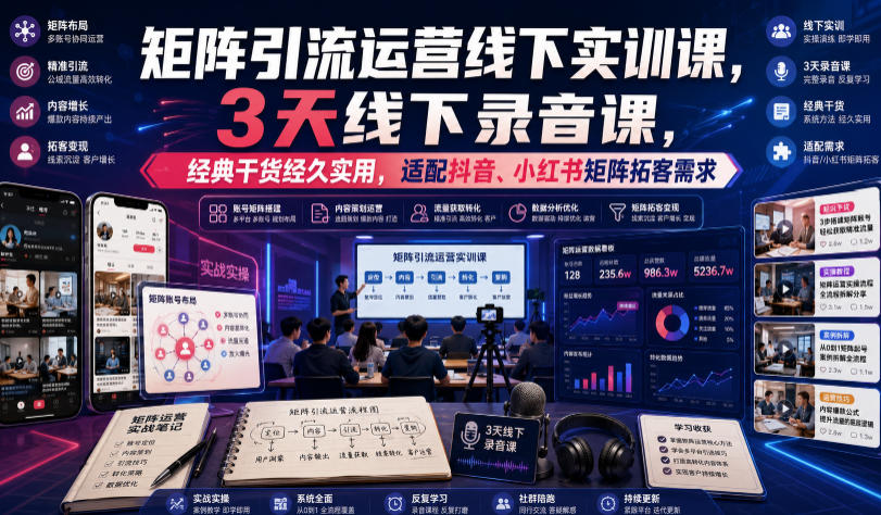 嗨推矩阵引流运营线下实训课，3天线下录音课，经典干货经久实用，适配抖音、小红书矩阵拓客需求-藏宝阁