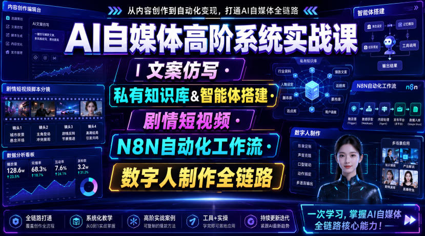 AI自媒体高阶系统实战课｜文案仿写・私有知识库&智能体搭建・剧情短视频・N8N自动化工作流・数字人制作全链路-藏宝阁