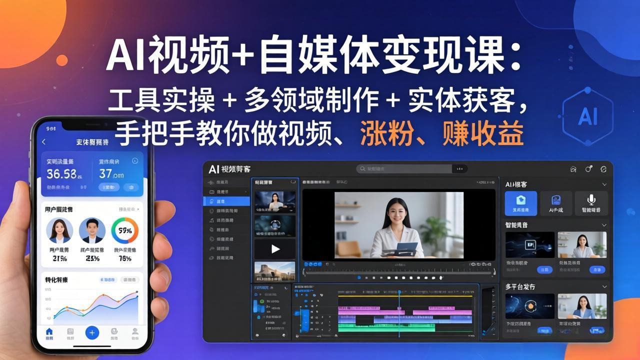 AI视频+自媒体变现课：工具实操 + 多领域制作 + 实体获客，手把手教你做视频、涨粉、赚收益-藏宝阁