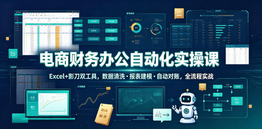 电商财务办公自动化实操课，Excel+影刀双工具，数据清洗・报表建模・自动对账，全流程实战-藏宝阁