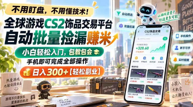 全球游戏CS2饰品交易平台自动批量捡漏賺米，小白轻松入门，包教包会，手机即可完成全部操作，日入300+【揭秘】-藏宝阁