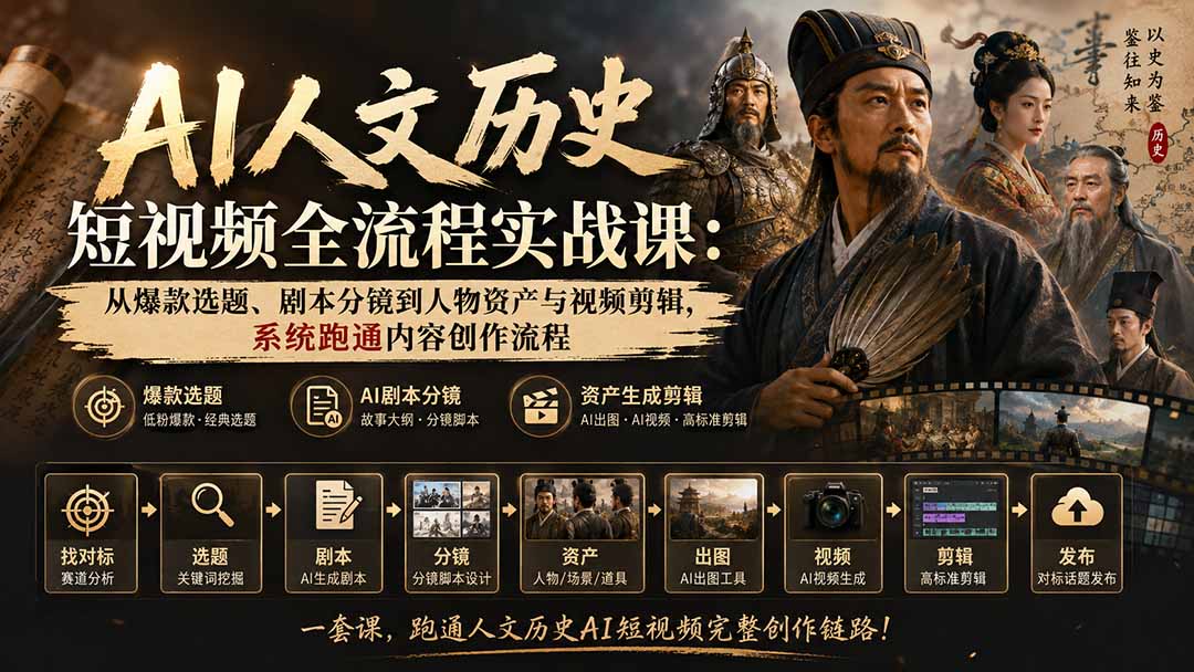 AI人文历史短视频全流程实战课：从爆款选题、剧本分镜到人物资产与视频剪辑，系统跑通内容创作流程-藏宝阁