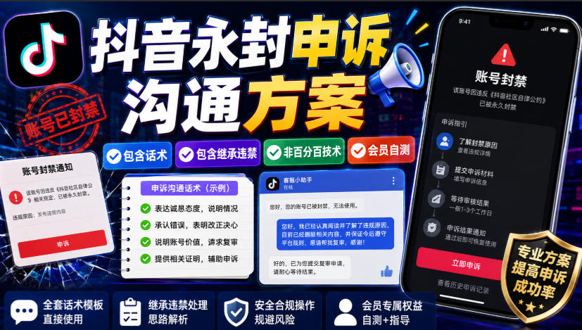 抖音永封申诉沟通方案，包含话术，包含继承违禁，非百分百技术，会员自测-藏宝阁