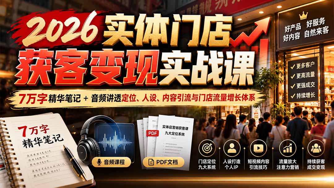 2026实体门店获客变现实战课：7万字精华笔记+音频讲透定位、人设、内容引流与门店流量增长体系-藏宝阁