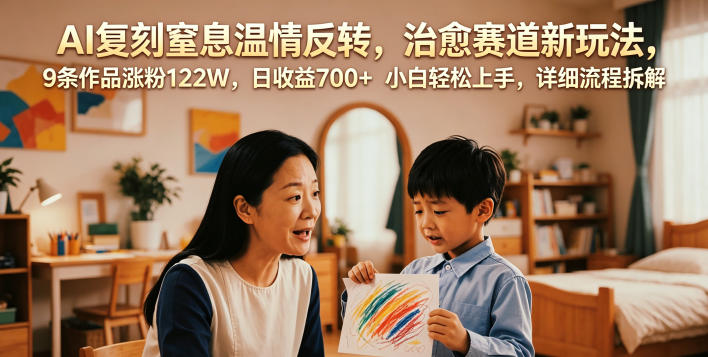 AI复刻窒息温情反转，治愈赛道新玩法，9条作品涨粉122W，日收益700+ 小白轻松上手，详细流程拆解-藏宝阁