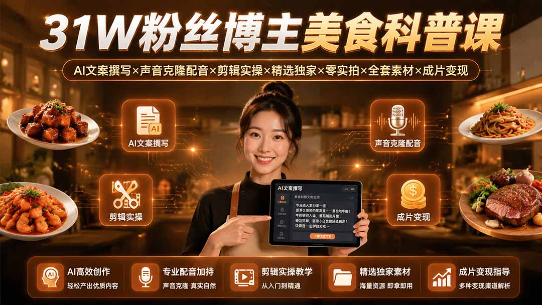 31W粉丝博主美食科普课：AI文案撰写×声音克隆配音×剪辑实操×精选独家×零实拍×全套素材×成片变现-藏宝阁
