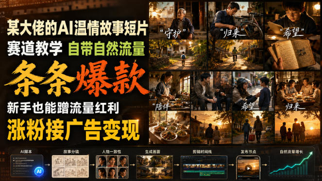 某大佬的AI温情故事短片赛道教学，自带自然流量，条条爆款，新手也能蹭流量红利，涨粉接广告变现-藏宝阁