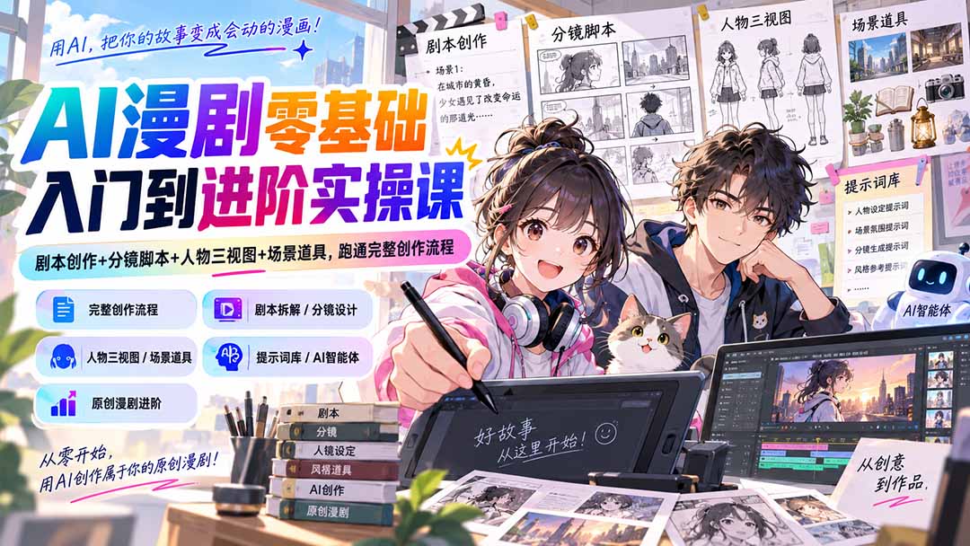 AI漫剧零基础入门到进阶实操课：剧本创作+分镜脚本+人物三视图+场景道具，跑通完整创作流程-藏宝阁