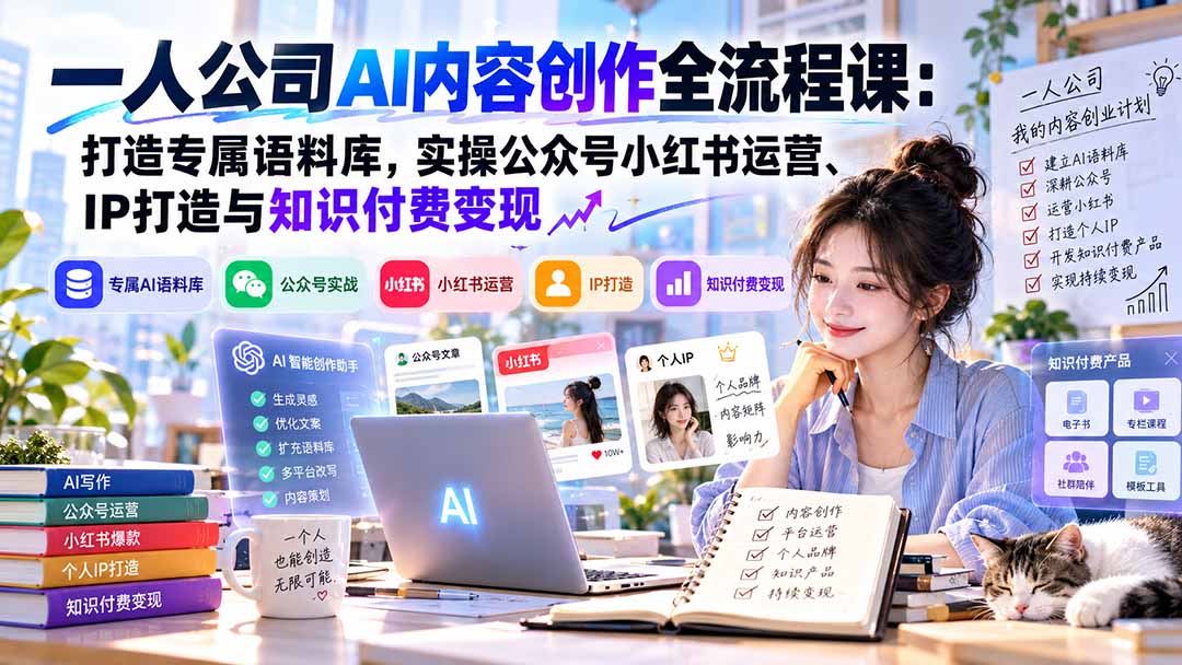 一人公司AI内容创作全流程课：打造专属语料库，实操公众号小红书运营、IP打造与知识付费变现方法论-藏宝阁