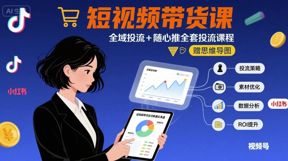 最新短视频带货课，全域投流+随心推全套投流课程+思维导图-藏宝阁