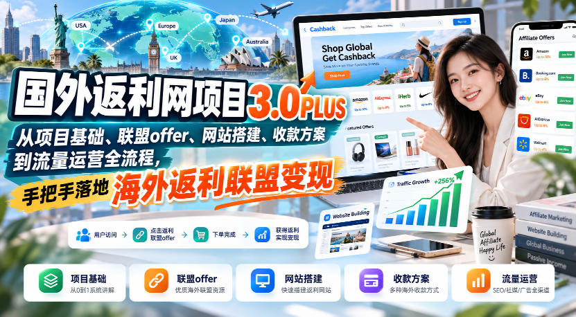 国外返利网项目3.0PLUS，从项目基础、联盟offer、网站搭建、收款方案到流量运营全流程，手把手落地海外返利联盟变现-藏宝阁