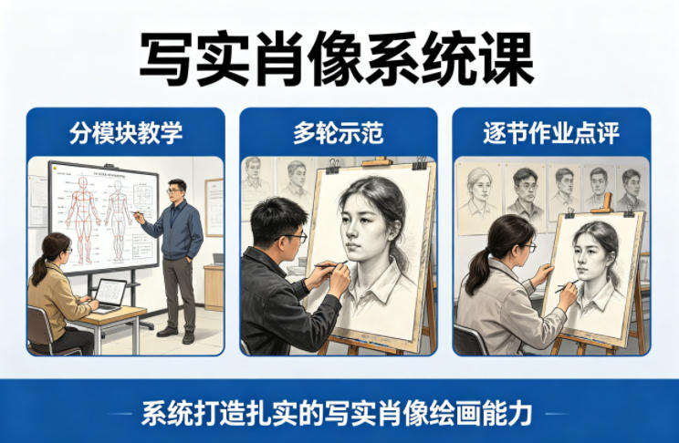 写实肖像系统课，全程分模块教学+多轮示范+逐节作业点评，系统打造扎实的写实肖像绘画能力-藏宝阁
