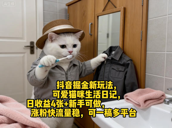 抖音掘金新玩法，可爱猫咪生活日记，日收益4张+新手可做，涨粉快流量稳，可一稿多平台-藏宝阁
