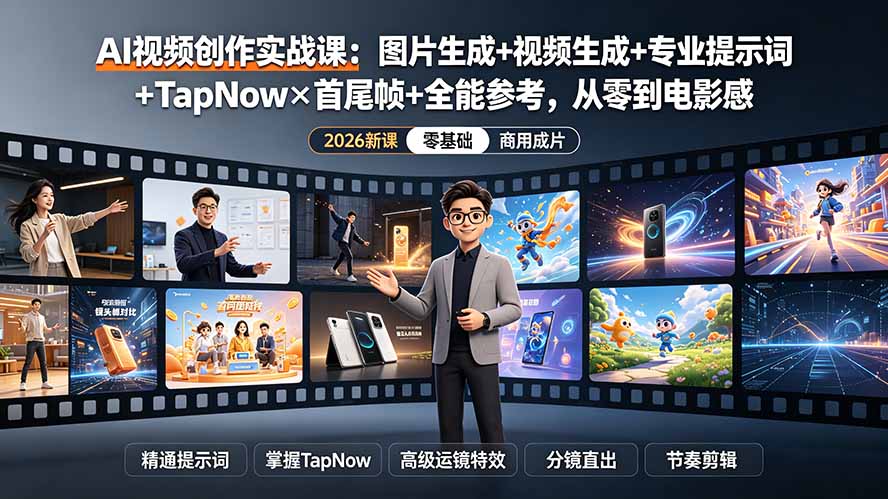 AI视频创作实战课：图片生成+视频生成+专业提示词+TapNow×首尾帧+全能参考，从零到电影感成片-藏宝阁