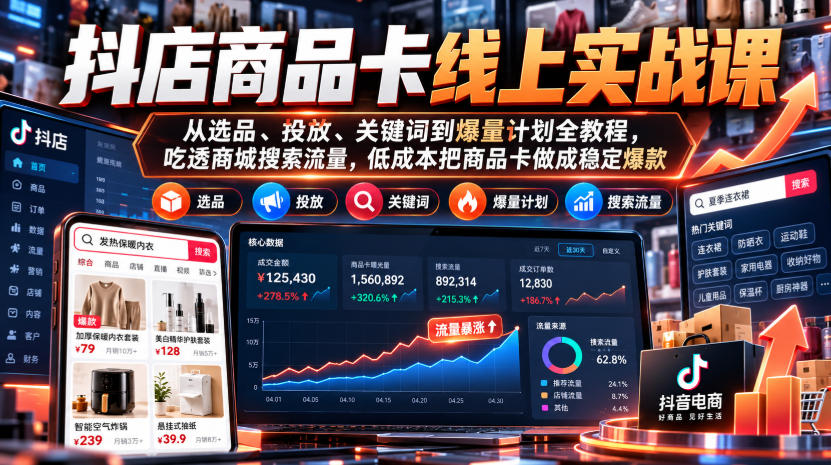 抖店商品卡线上实战课｜从选品、投放、关键词到爆量计划全教程，吃透商城搜索流量，低成本把商品卡做成稳定爆款-藏宝阁