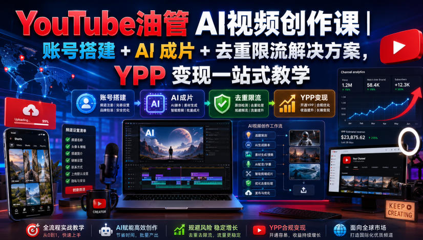 YouTube油管AI视频创作课｜账号搭建+AI成片+去重限流解决方案，YPP变现一站式教学(更新0817)-藏宝阁