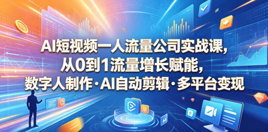 AI短视频一人流量公司实战课，从0到1流量增长赋能，数字人制作・AI自动剪辑・多平台变现，一人做流量生意全落地教程-藏宝阁