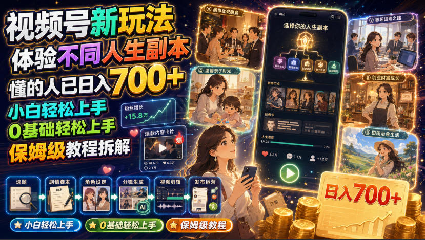 视频号新玩法体验不同人生副本，懂的人已日入700+，小白轻松上手，0基础轻松上手，保姆级教程拆解-藏宝阁