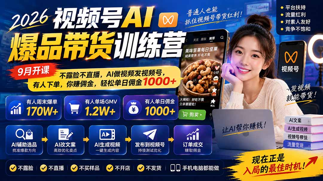 2026视频号AI爆品带货训练营-9月开课｜不露脸不直播，AI做视频发视频号，有人下单，你赚佣金，轻松单日佣金1000+-藏宝阁