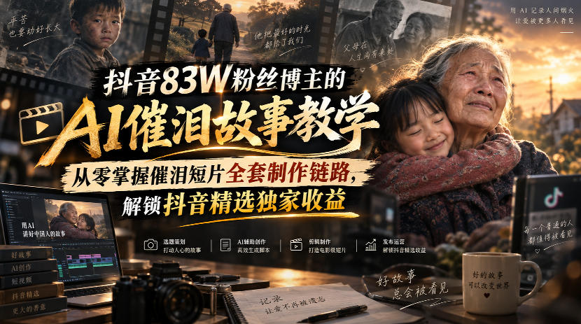 抖音83W粉丝博主的AI催泪故事教学，从零掌握催泪短片全套制作链路，解锁抖音精选独家收益-藏宝阁
