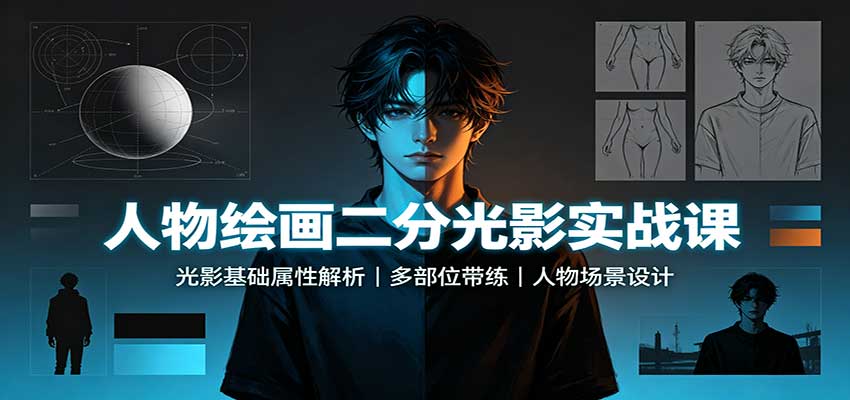 人物绘画二分光影实战课：光影基础属性解析，多部位带练，人物场景设计-藏宝阁