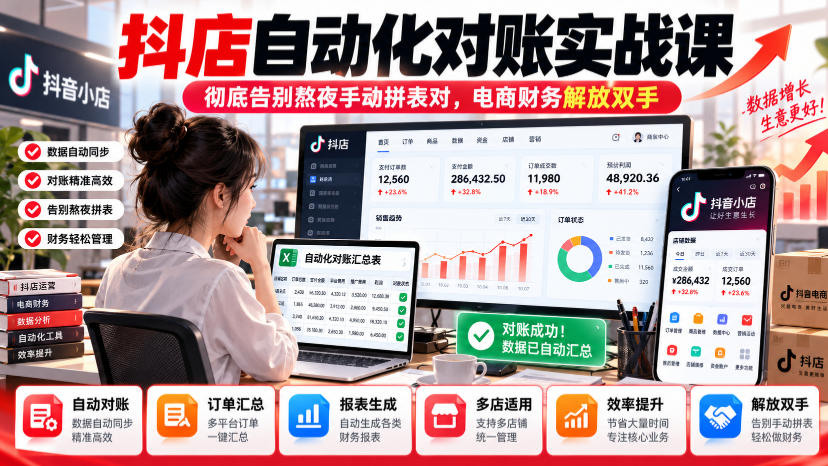 抖店自动化对账实战课，彻底告别熬夜手动拼表对，账电商财务解放双手-藏宝阁
