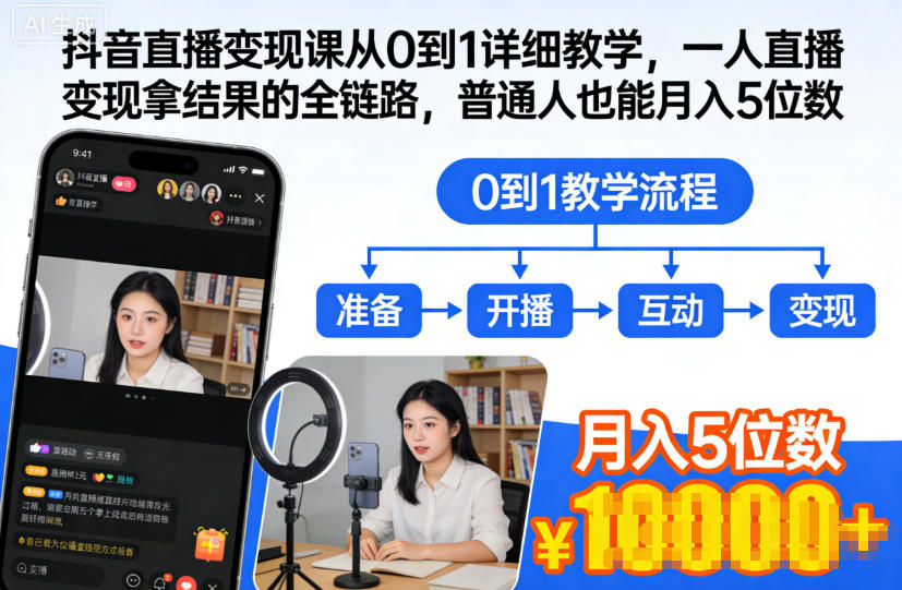 抖音直播变现课从0到1详细教学，一人直播变现拿结果的全链路，普通人也能月入5位数-藏宝阁