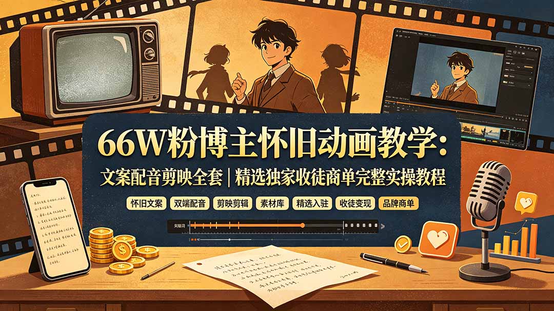 66W粉博主怀旧动画教学：文案配音剪映全套｜精选独家收徒商单完整实操教程-藏宝阁