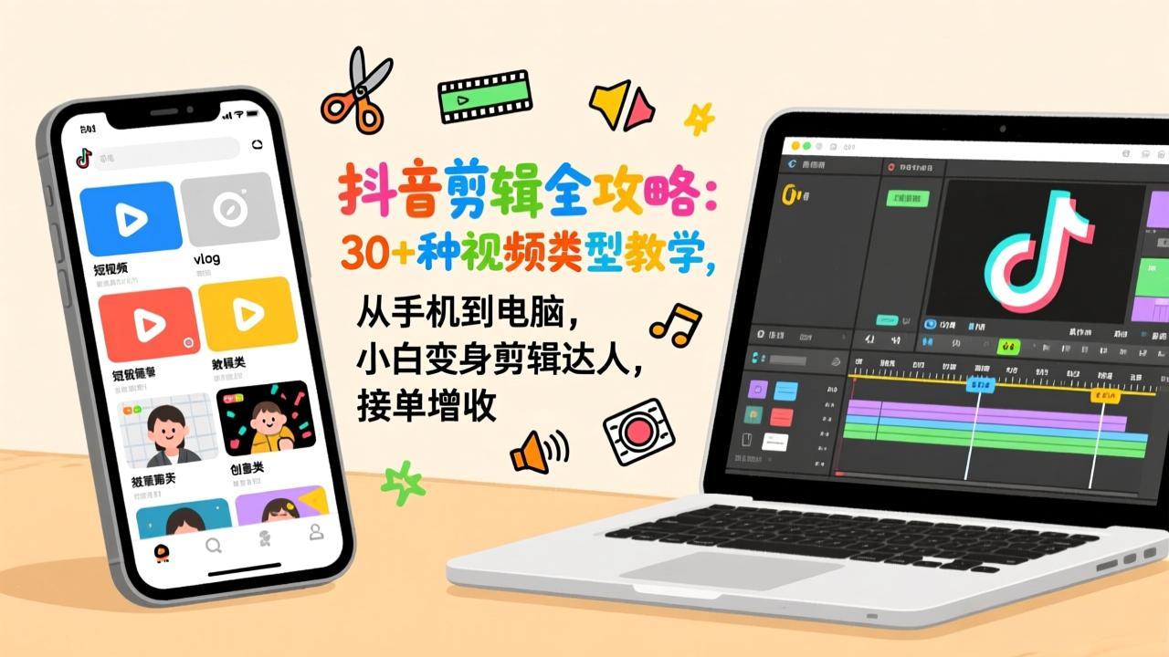 抖音剪辑全攻略：30+种视频类型教学，从手机到电脑，小白变身剪辑达人，接单增收-藏宝阁