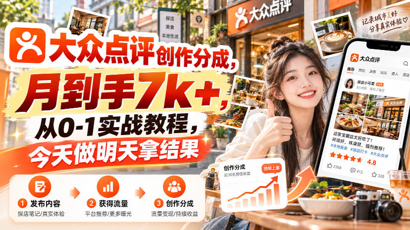大众点评创作分成，月到手7k+，从0-1实战教程，今天做明天拿结果-藏宝阁