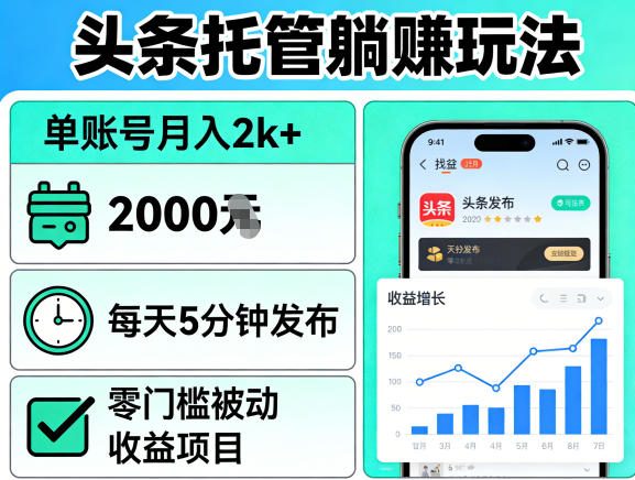 头条托管躺賺玩法，单账号月入2k+，每天5分钟发布即可，零门槛被动收益项目【揭秘】-藏宝阁