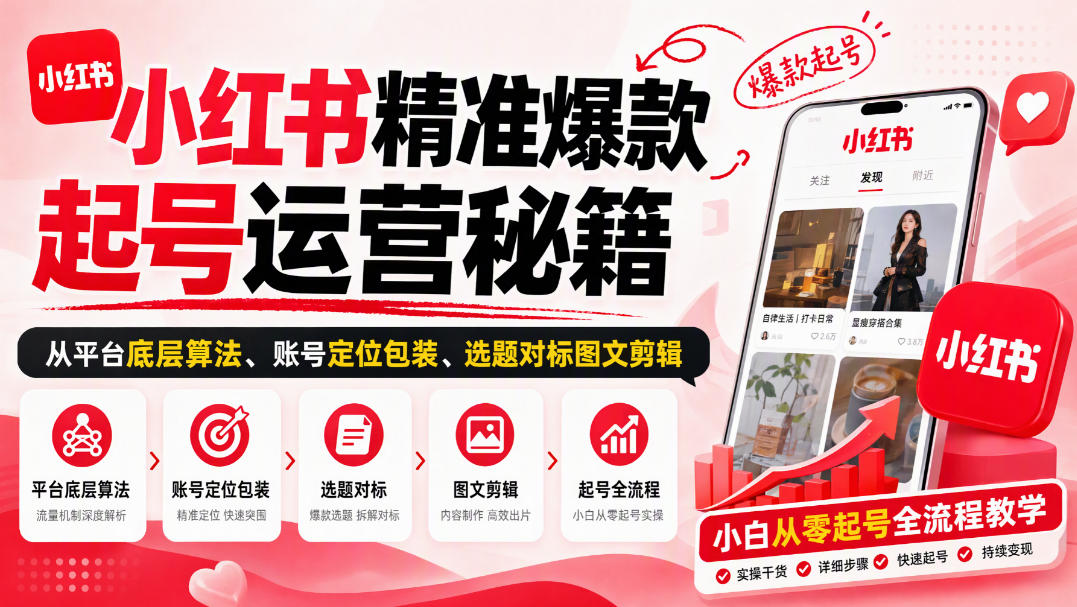 小红书精准爆款起号运营秘籍，从平台底层算法、账号定位包装、选题对标图文剪辑，小白从零起号全流程-藏宝阁