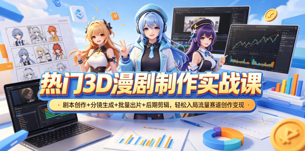 热门3D漫剧制作实战课，剧本创作+分镜生成+批量出片+后期剪辑，轻松入局流量赛道创作变现-藏宝阁