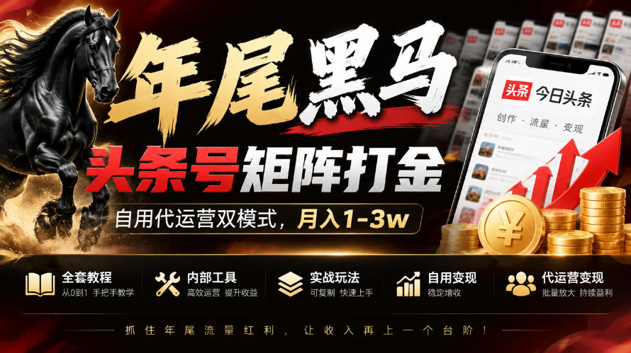 【年尾黑马】头条号矩阵打金，自用代运营双模式，月入1-3w，附全套教程及内部工具【揭秘】-藏宝阁