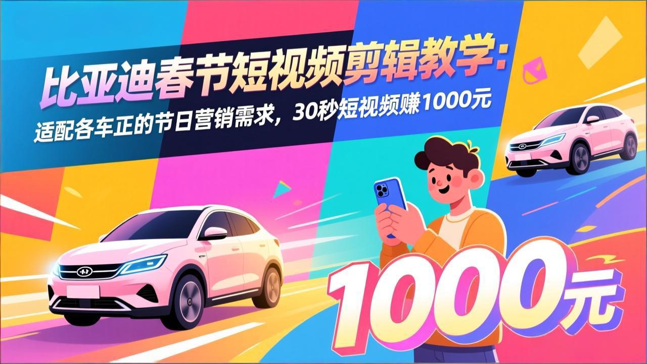 比亚迪春节短视频剪辑教学：适配各车企的节日营销需求，30秒短视频赚1000元-藏宝阁