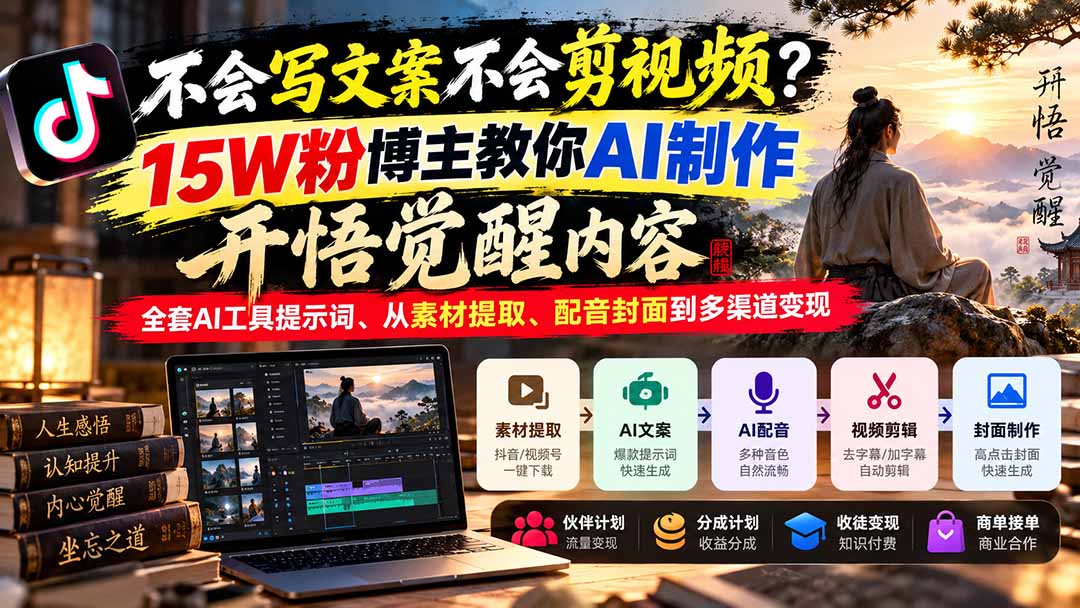 不会写文案不会剪视频？15W粉博主教你AI制作开悟觉醒内容，全套AI工具提示词、从素材提取、配音封面到多渠道变现-藏宝阁