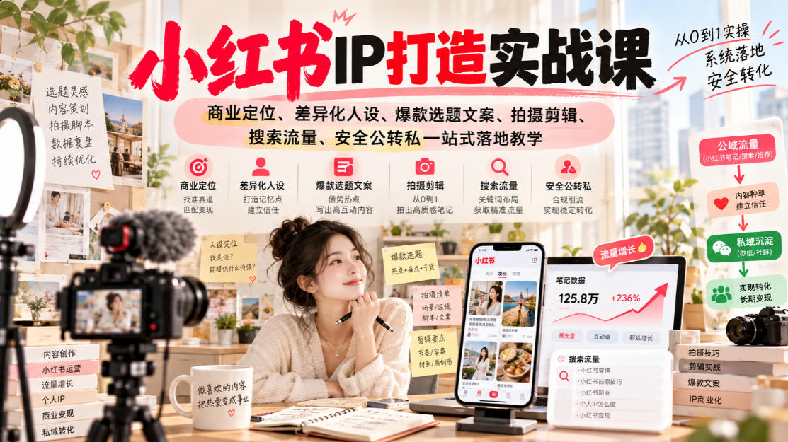 小红书ip打造实战课，商业定位、差异化人设、爆款选题文案、拍摄剪辑、搜索流量、安全公转私一站式落地教学-藏宝阁