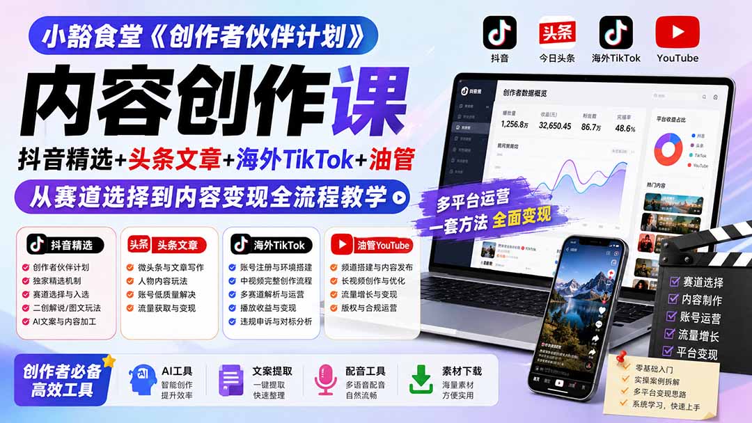 小豁食堂《创作者伙伴计划》内容创作课：抖音精选+头条文章+海外TikTok+油管，从赛道选择到内容变现全流程教学-藏宝阁