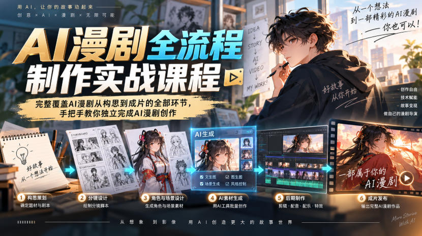AI漫剧全流程制作实战课程，完整覆盖AI漫剧从构思到成片的全部环节，手把手教你独立完成AI漫剧创作-藏宝阁