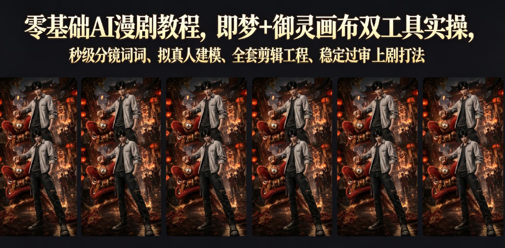 零基础AI漫剧教程，即梦+御灵画布双工具实操，秒级分镜提示词、拟真人建模、全套剪辑工程、稳定过审上剧打法-藏宝阁